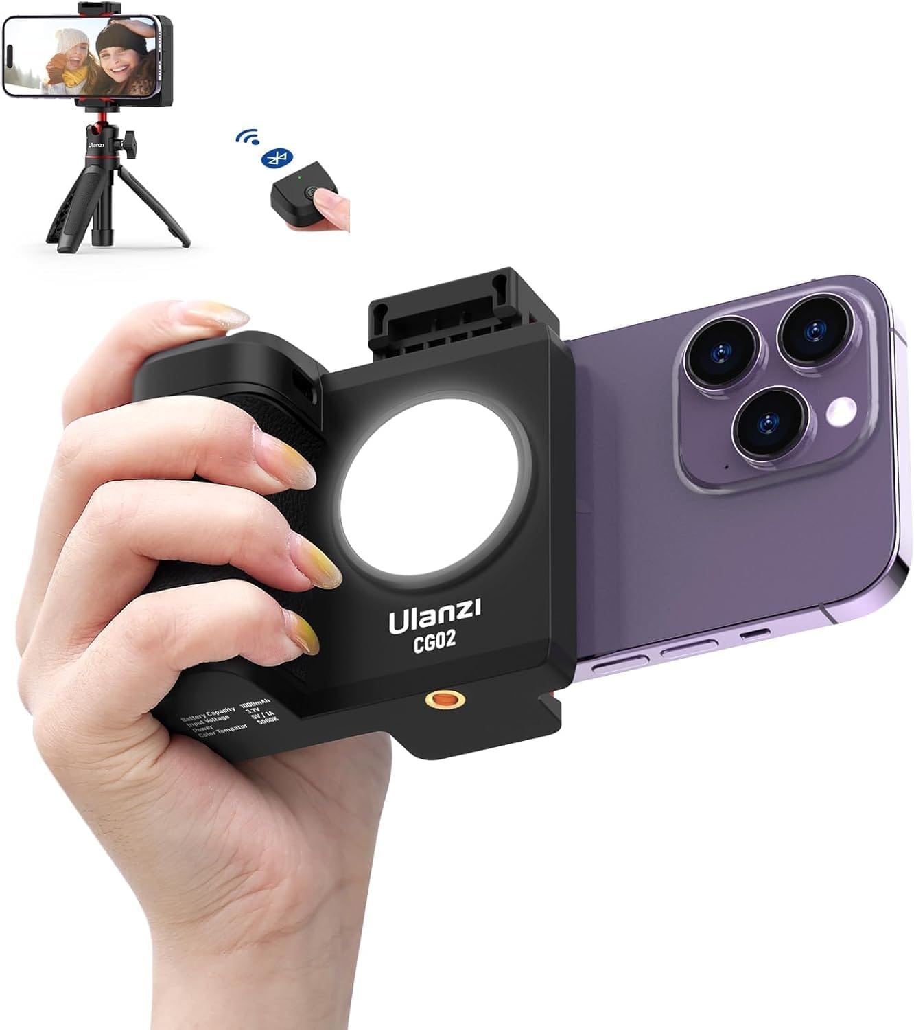 Ulanzi Cg02 Ungraded Smartphone Camera Shutter Handle Grip W Detachable Wireless Bluetooth Remote Control,Three-Gear Adjustable Fill Light For Iphone Samsung Google Oneplus Phones Video/Photo Shooting
