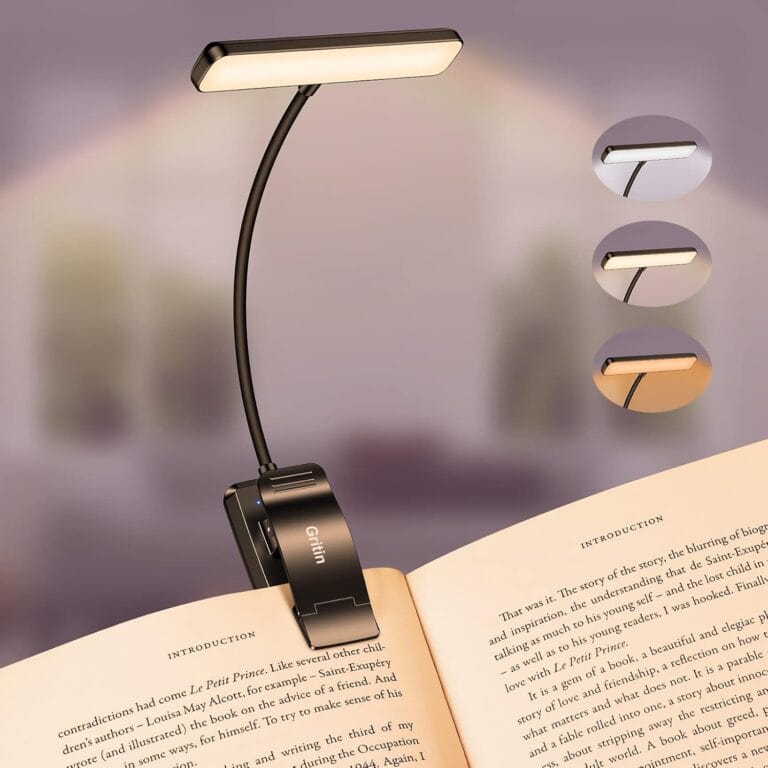 Gritin 19 LED Rechargeable Book Light for Reading in Bed with Memory Function- Eye Caring 3 Color Temperatures,Stepless Dimming Brightness,80 Hrs Runtime Lightweight Clip on Light for Book Lovers