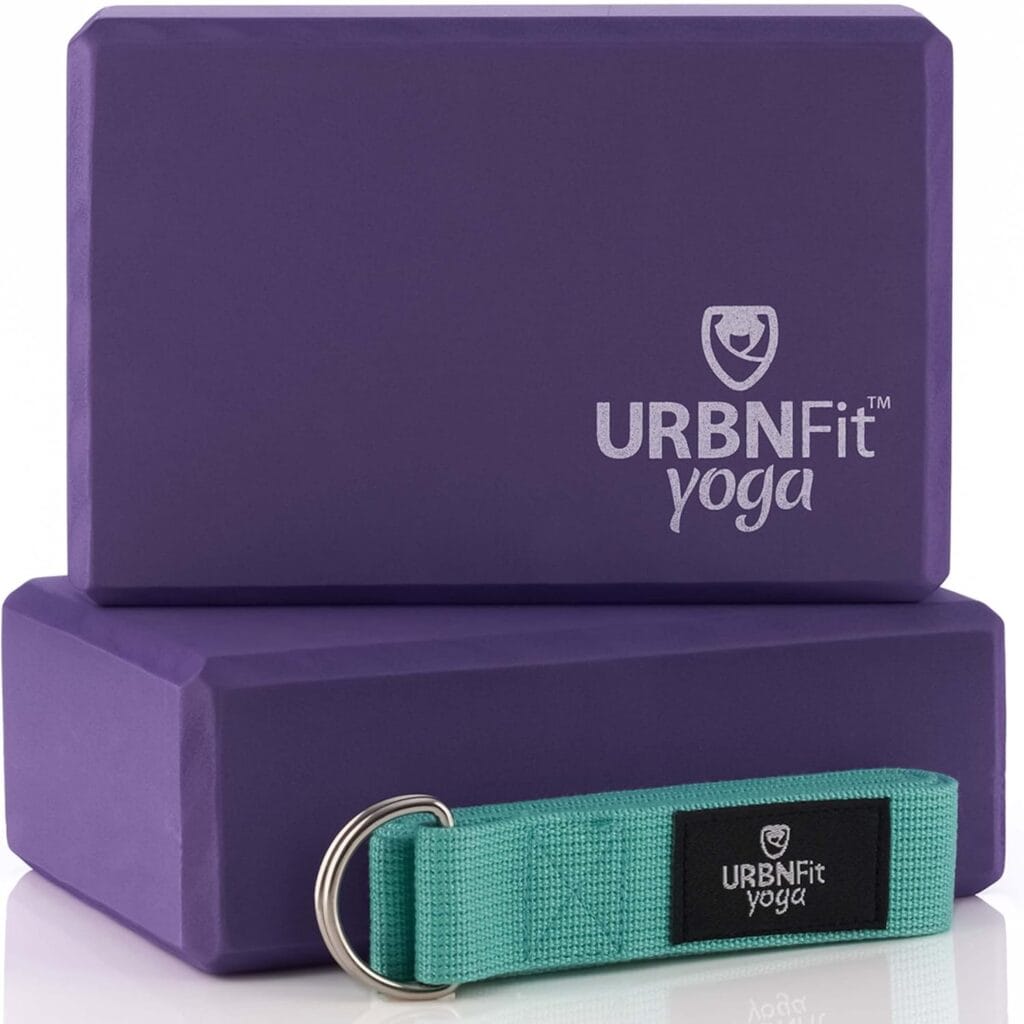 URBNFit Yoga Blocks 2 Pack – Sturdy Foam Yoga Block Set with Strap for Exercise, Pilates Workout, Stretching, Meditation, Stability – High Density Non Slip Brick, Fitness Accessories