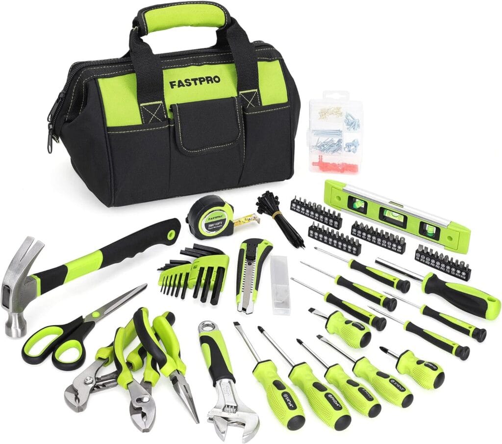 Fastpro 220-Piece Home Tool Set, Household Repairing Tool Kit, With 12-Inch Wide Mouth Open Storage Tool Bag, Green