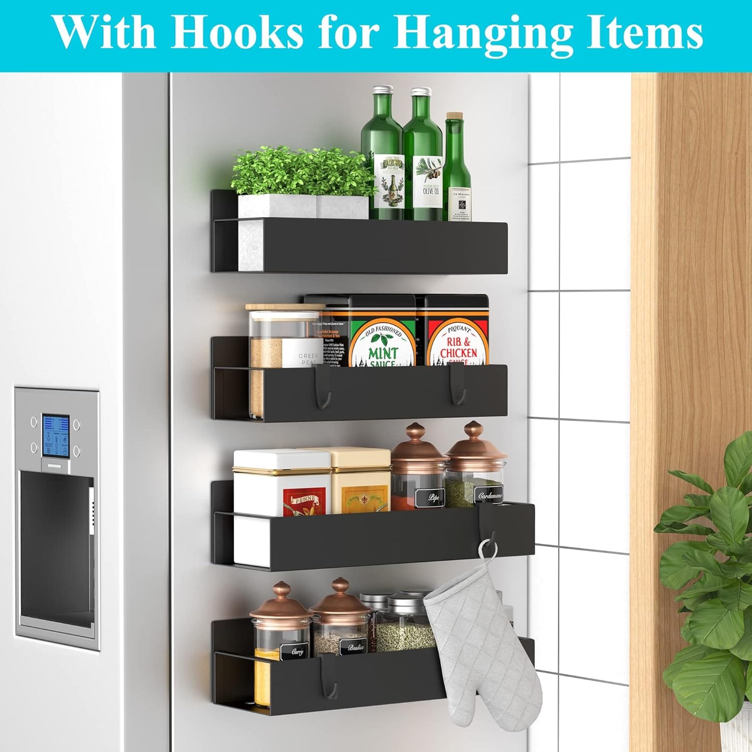 4 Pack Magnetic Spice Storage Rack Organizer For Refrigerator And Oven, Black Fridge Organizers And Storage 4 Pack Magnetic Spice Storage Rack Organizer For Refrigerator And Oven, Black Fridge Organizers And Storage