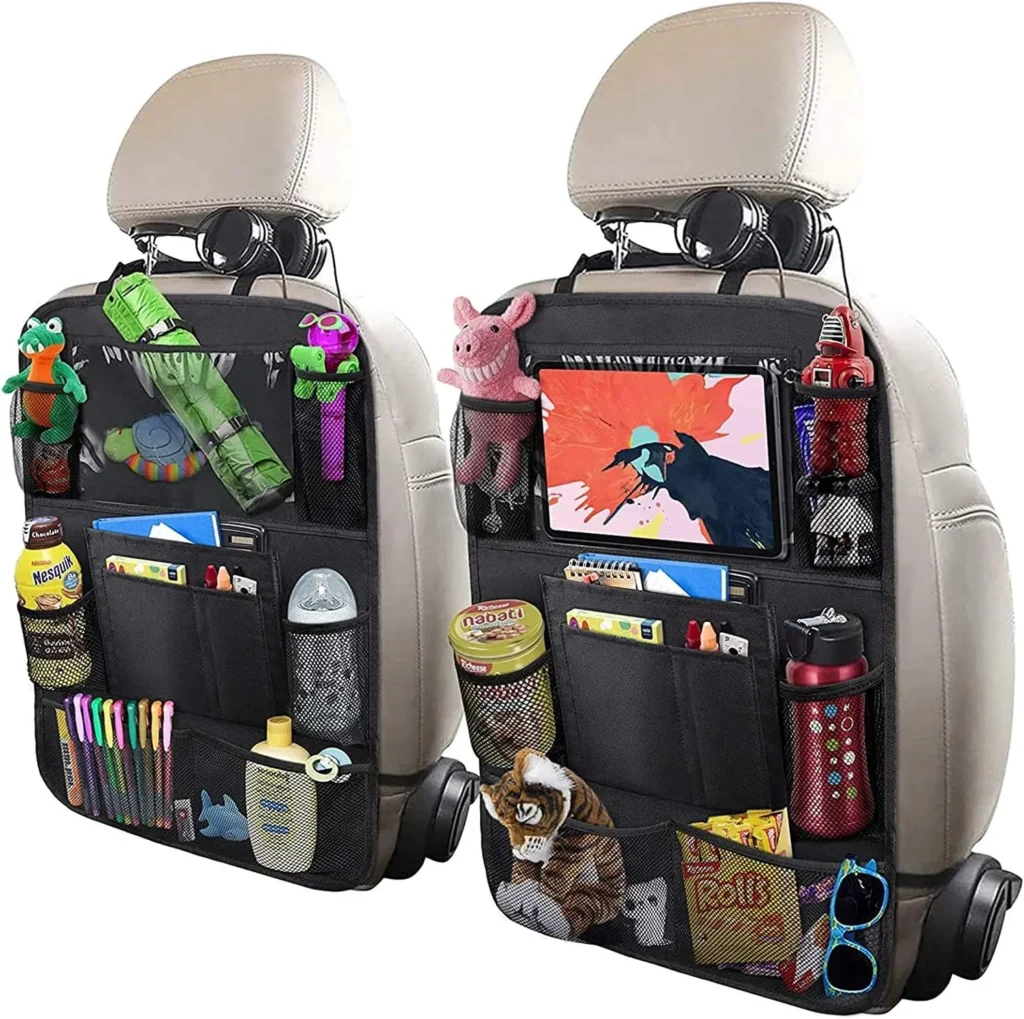 Car Backseat Organizer with 10″ Table Holder, 9 Storage Pockets Seat Back Protectors Kick Mats for Kids Toddlers, Travel Accessories, 2 Pack