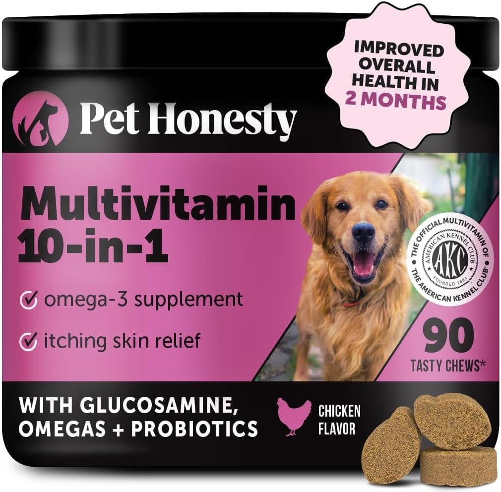 Pet Honesty Multivitamin Dog Supplement, Glucosamine Chondroitin For Dogs, Probiotics, Omega Fish Oil, Dog Supplements & Vitamins, Dog Vitamins For Skin And Coat Allergies, (Chicken 90 Ct)