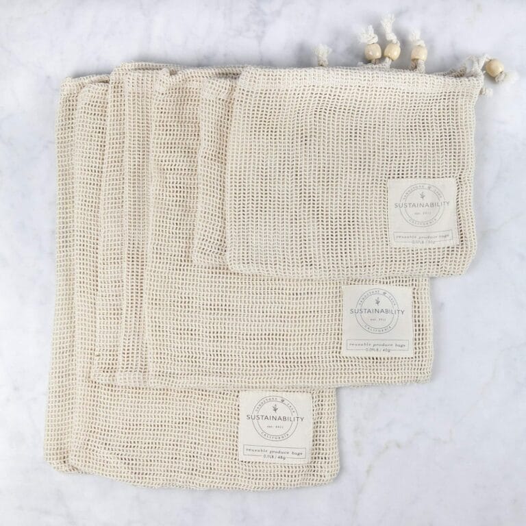 Reusable Produce Bags Organic Cotton | Home Essentials Sustainable Living, Washable Laundry, Travel Organizer, Zero Waste Biodegradable Drawstring Vegetable Mesh Grocery Bag | Set of 7 w/Tare Weights
