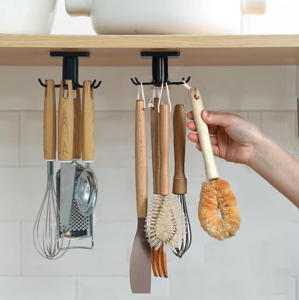 2Pcs Under Cabinet Kitchen Utensils Hooks, 360 °Rotation Utility Hooks,Under Cabinet Adhesive Kitchen Hanging Storage Rack For Kitchen Utensils Tools(Black)
