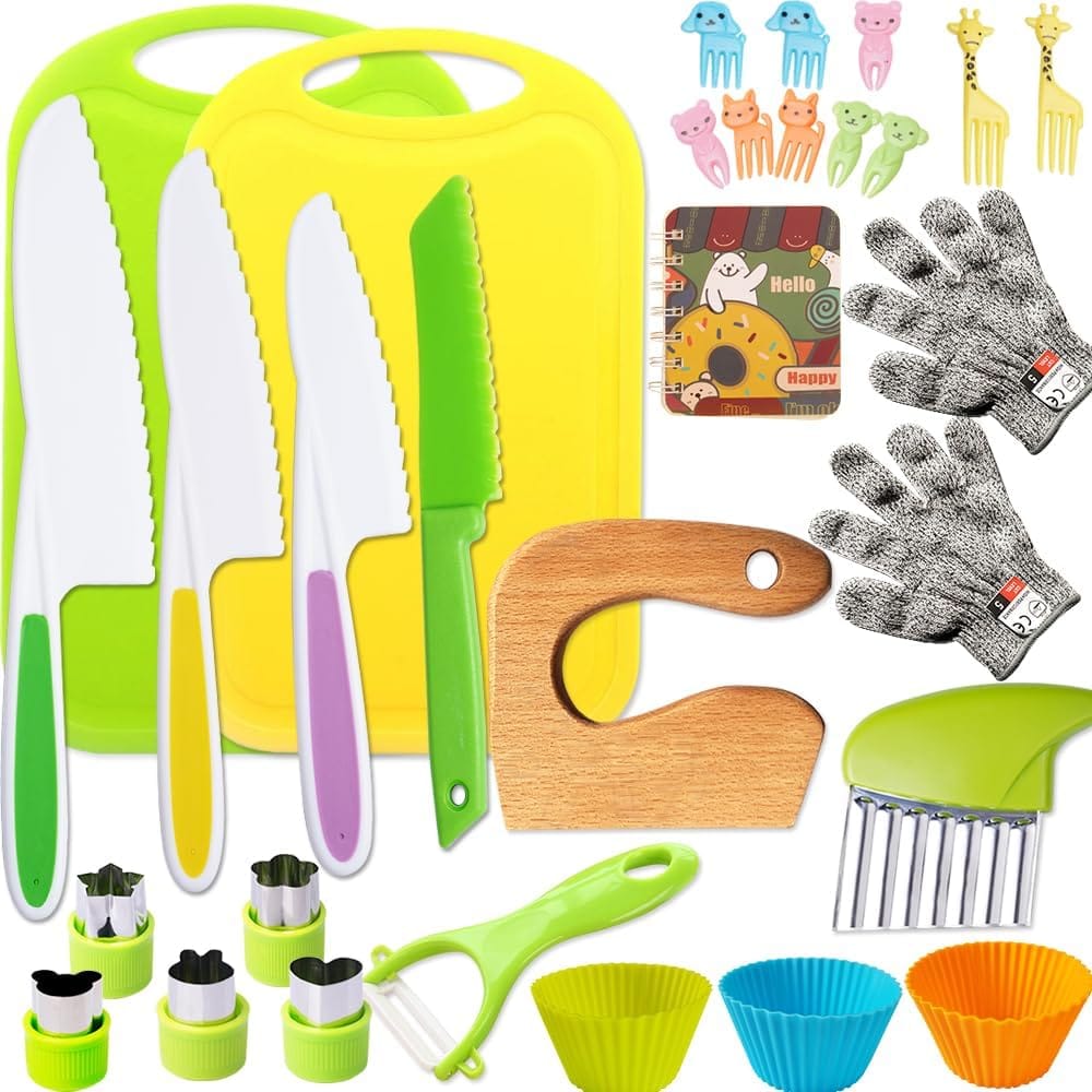 Kitchen Knife Tools Set For Real Cooking, Montessori Kitchen Knife Set With Cutting Board Crinkle Cutters Wood Knives Kitchen Tools For 3-10