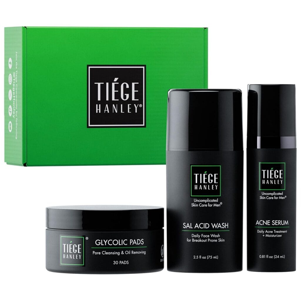 Tiege Hanley Men’s Acne Treatment System (Level 1), TiegeClear Acne Essentials Routine for Smooth & Hydrated Skin – Includes Sal Acid Wash, Glycolic Acid Pads, and Acne Serum – All Skin Types