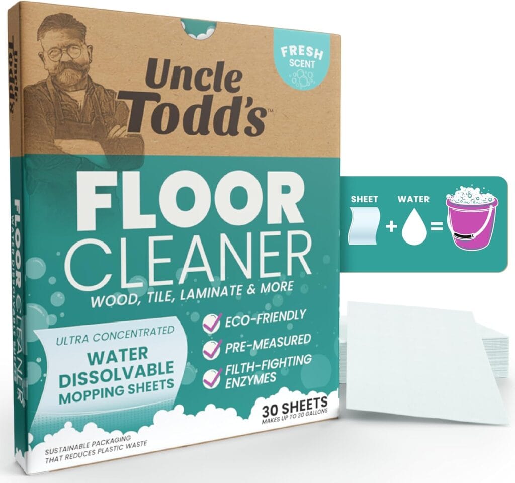 Uncle Todd’S Ultra Concentrated Floor Cleaner For Mopping: 30 Natural, 100% Dissolvable Sheets For Mopping – Hardwood & Wood Floor Cleaner With Filth-Fighting Enzymes, Plastic-Free Packaging