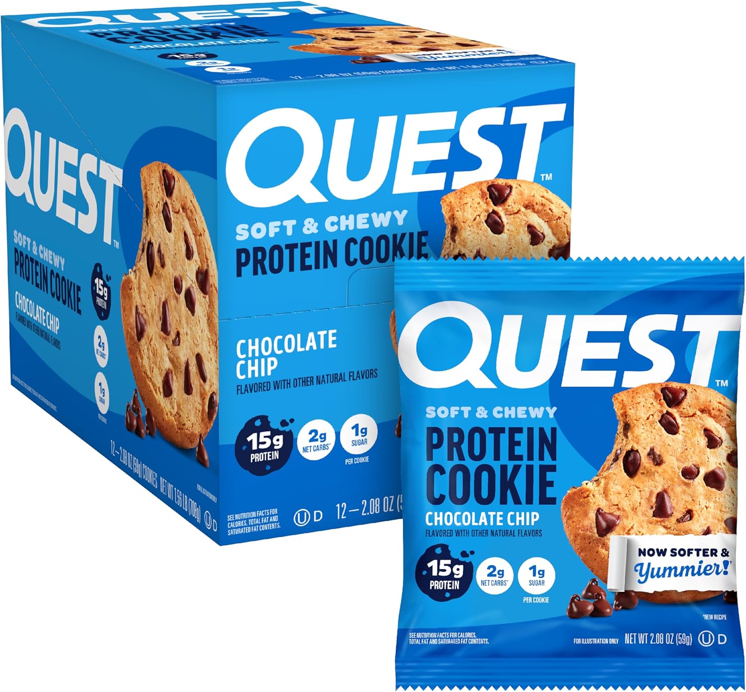 Quest Nutrition Chocolate Chip Protein Cookie, 15G Protein, 1G Sugar, 2G Net Carbs, Keto Friendly, High Protein, Low Carb; 12 Count Quest Nutrition Chocolate Chip Protein Cookie, 15G Protein, 1G Sugar, 2G Net Carbs, Keto Friendly, High Protein, Low Carb; 12 Count