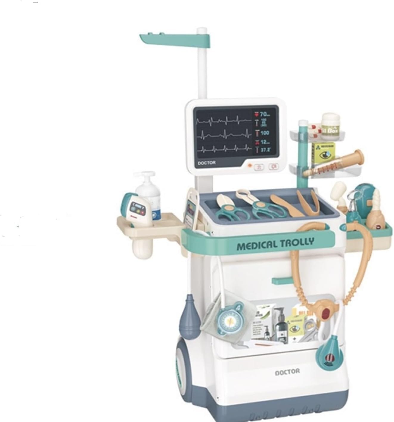Serena & Jewel Kit for Kids 26 Accessories Pretend Medical Station Set Mobile Cart with Lights, Thermometer, Stethoscope, Role Play Educational Toys for Boys & Girl Kids (26PCS)