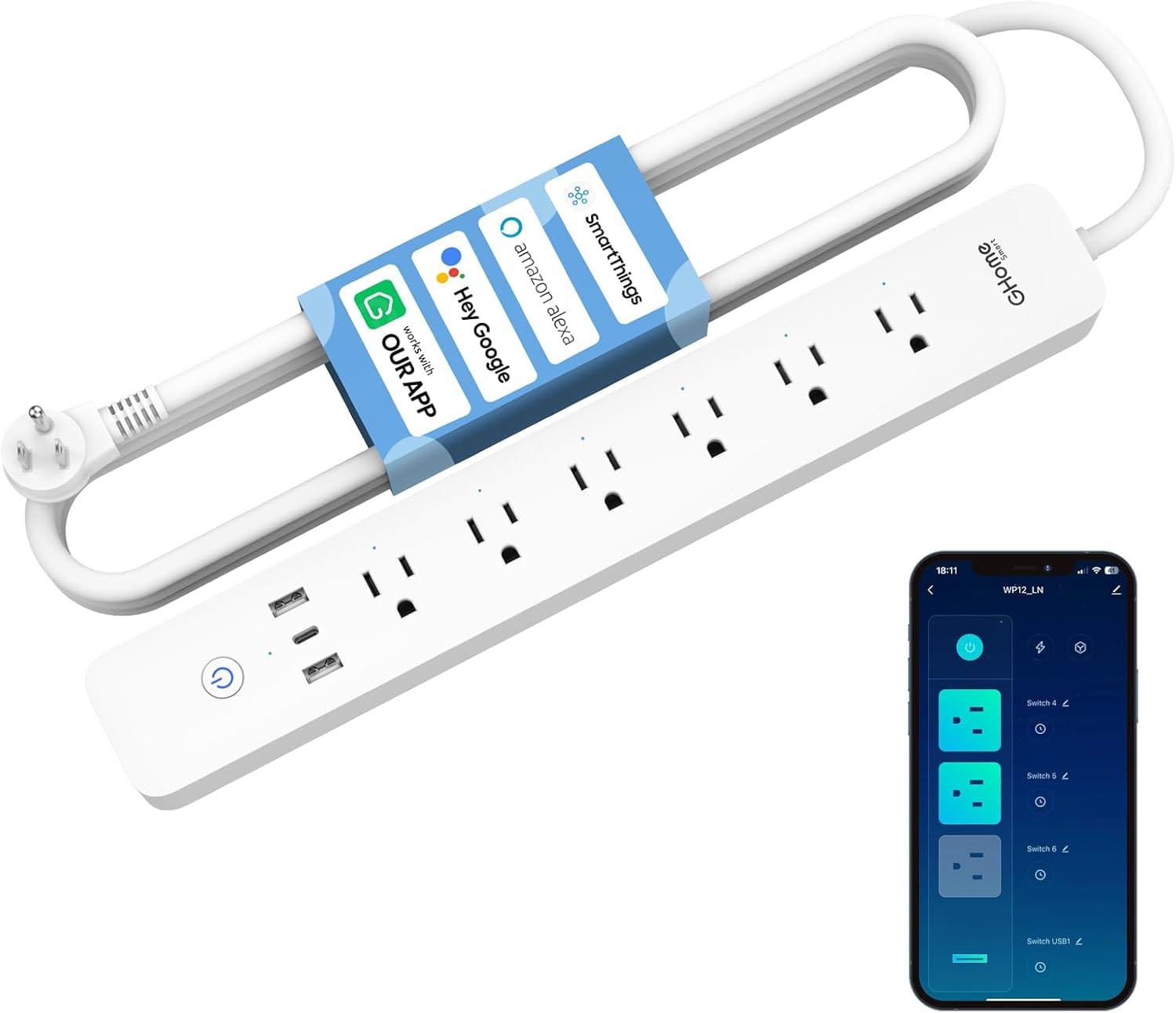 Ghome Smart Plug Power Strip, 3 Usb (30W Fast Charging) And 6 Individually Controlled Outlets, Wifi Surge Protector Works With Alexa & Google Home, Energy Monitor, 7.18 Ft Mountable Flat Plug, 2A1C Ghome Smart Plug Power Strip, 3 Usb (30W Fast Charging) And 6 Individually Controlled Outlets, Wifi Surge Protector Works With Alexa & Google Home, Energy Monitor, 7.18 Ft Mountable Flat Plug, 2A1C