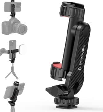 SYNCWIRE Tripod Phone Mount, Universal Smartphone Mount Adapter with 2 Cold Shoe and 1/4″ Screw, 360° Rotates and 180° Tilts Adjustable Cell Phone Clamp Holder for Enhancing Mobile Photography Setup