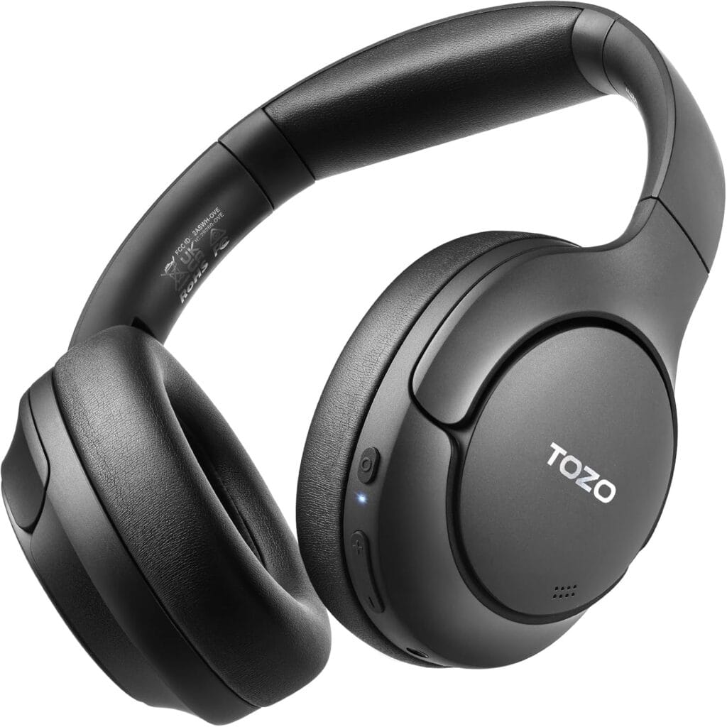 Tozo Ht2 Hybrid Active Noise Cancelling Headphones, Wireless Over Ear Bluetooth Headset, 60H Playtime, Hi-Res Audio Custom Eq Via App Deep Bass Comfort Fit Ear Cups, For Home Office Travel Black