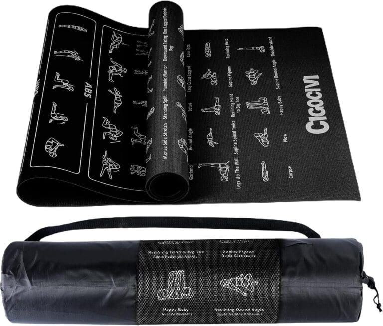 Instructional Travel Yoga Mat with 75 Poses & Exercises – Non-slip Exercise Mat for Home Workout, Includes Carrying Bag – Perfect for Beginners, 68″x24″x0.25″