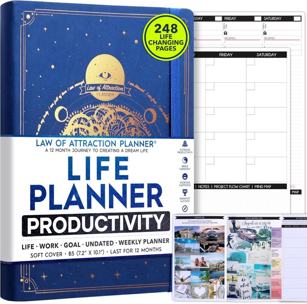 Law Of Attraction Planner – Undated Hourly, Weekly & Monthly Goal Setting Planner, 12-Month To Increase Productivity | Life & Gratitude Journal, Include Foldable Vision Board, Gift Box & Stickers Law Of Attraction Planner – Undated Hourly, Weekly & Monthly Goal Setting Planner, 12-Month To Increase Productivity | Life & Gratitude Journal, Include Foldable Vision Board, Gift Box & Stickers