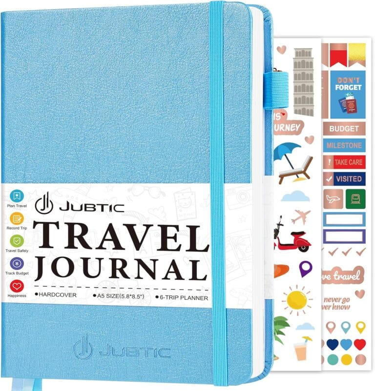 JUBTIC Travel Journal & Planner, Vacation Organizer with Budget Tracker & Checklist, A5 Size Trip Diary & Notebook for 6 Trips, Travel Gifts for Women, Men & Couples (Aquamarine)