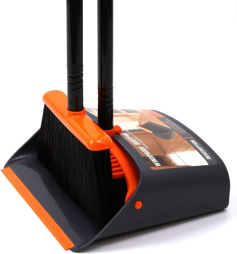 TreeLen Broom and Dustpan Set with 52″ Long Handle for Home Kitchen Room Office Lobby Floor Use Upright Stand Up Stand Up Broom with Dustpan Combo