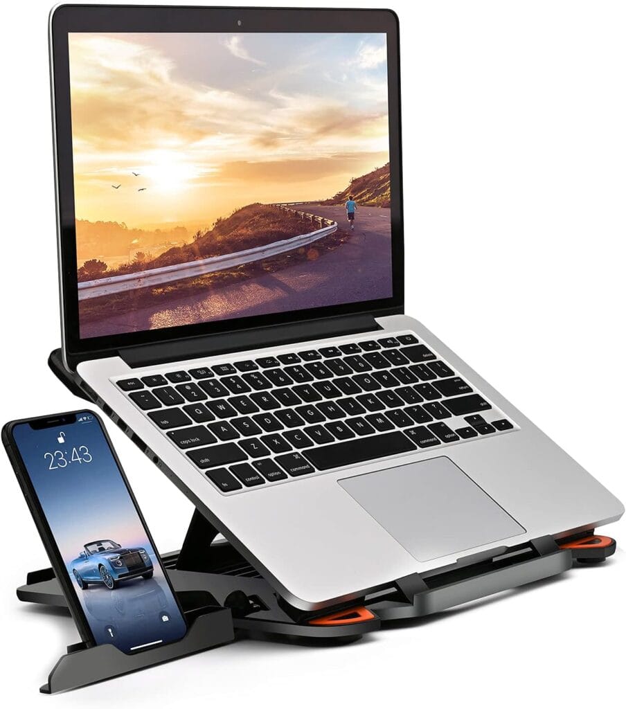 Ergonomic Adjustable Laptop Stand For Desk With Phone Holder & 360° Rotation – Foldable Portable Stand For 10-17″ Laptops, Macbook Pro 16″, Gaming Laptops, Tablets | Heavy-Duty & Ventilated Design Ergonomic Adjustable Laptop Stand For Desk With Phone Holder & 360° Rotation – Foldable Portable Stand For 10-17″ Laptops, Macbook Pro 16″, Gaming Laptops, Tablets | Heavy-Duty & Ventilated Design