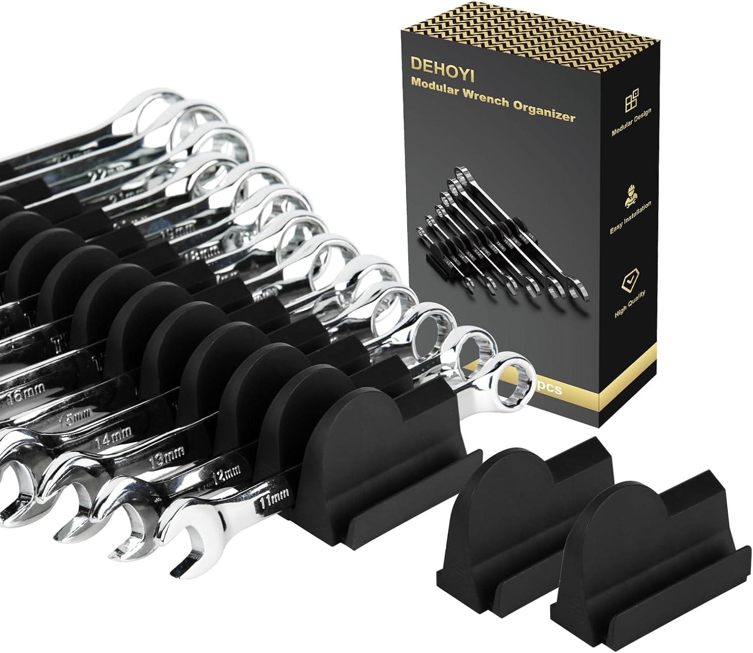 48 pcs Modular Wrench Organizers for Tool Drawers – Wrench Rack with Metric&SAE Labels, Perfect Tool Storage Holder. Gift for father, brother and boyfriend (Black without Magnet)