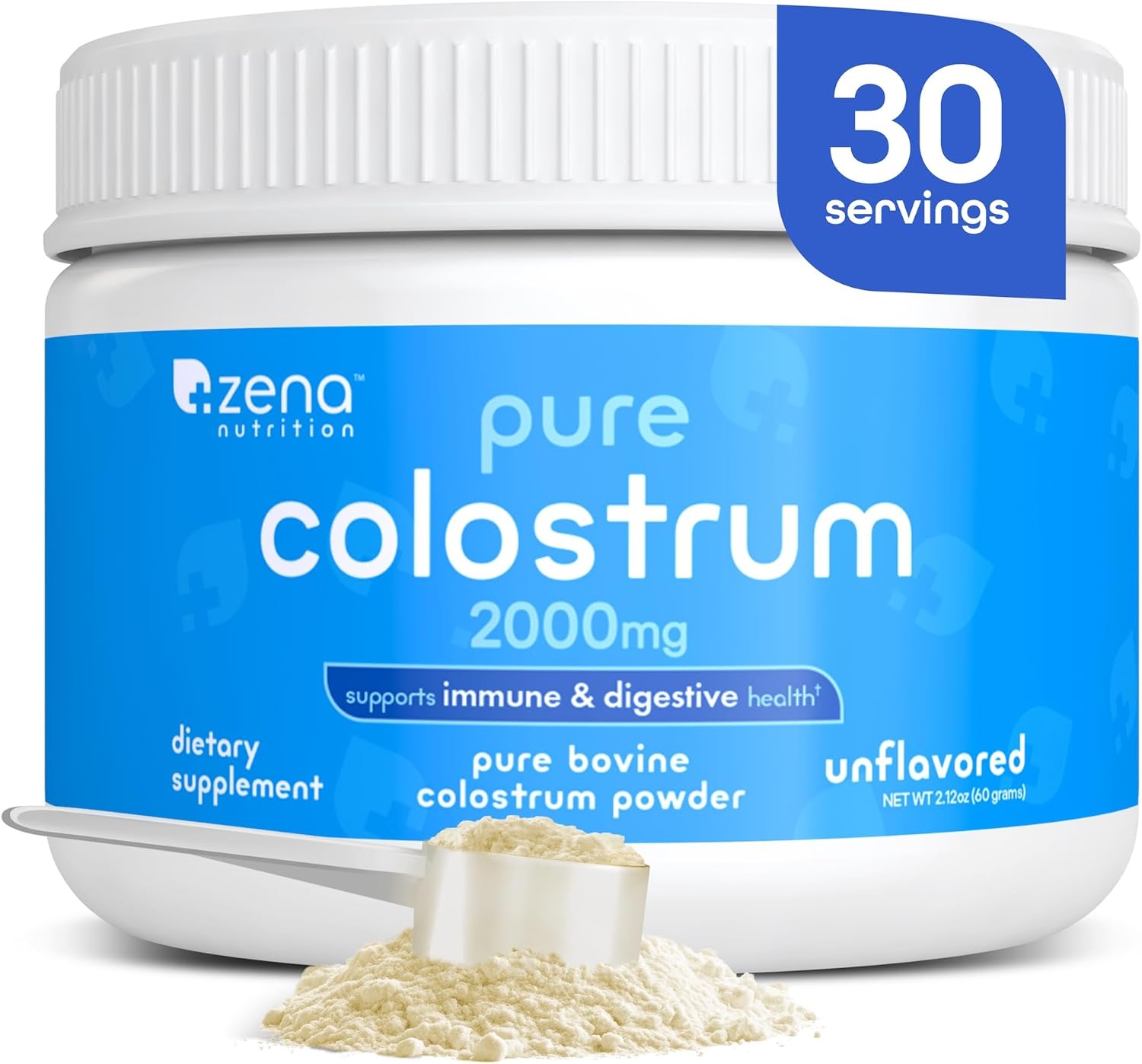 Zena Nutrition Bovine Colostrum Powder Supplement, 2000mg Pure Colostrum, Supports Immune and Digestive Health, Promotes Gut Health, Keto, Gluten Free, Fat Free, Grass Fed, Unflavored, 30 Servings