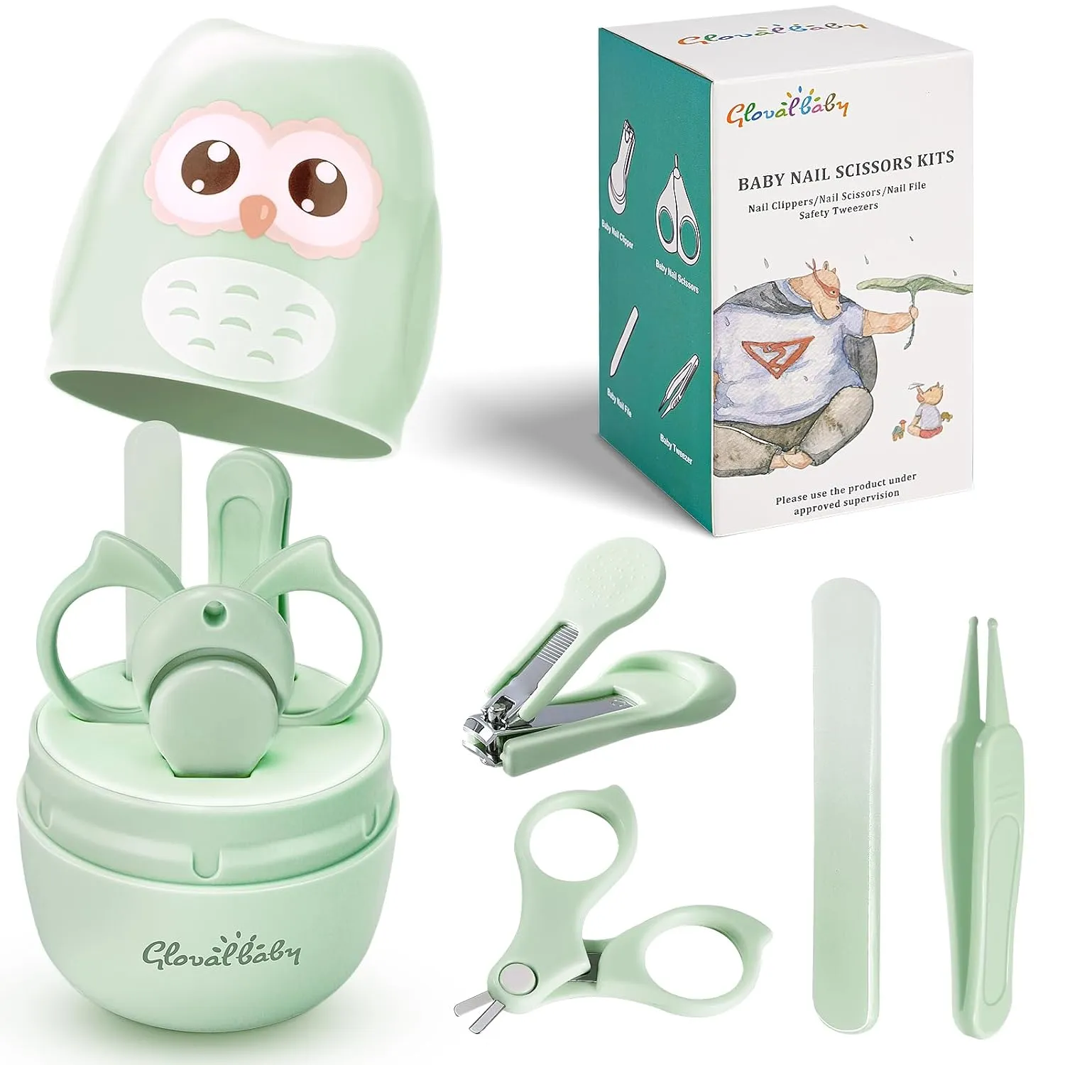Baby Nail Kit, Baby Manicure Kit and Pedicure with Cute Owl Shape Case. Baby Nail Clipper, Scissor, Nail File & Tweezer for Newborn, Infant & Toddler, Mothers Day Gifts(Green)