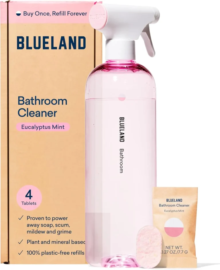 BLUELAND Bathroom Cleaner, Starter Set, Eucalyptus Mint Scent, Spray Bottle with 4 Refill Tablets, Eco-Friendly Cleaning Supplies, 4 x 24 Fl oz