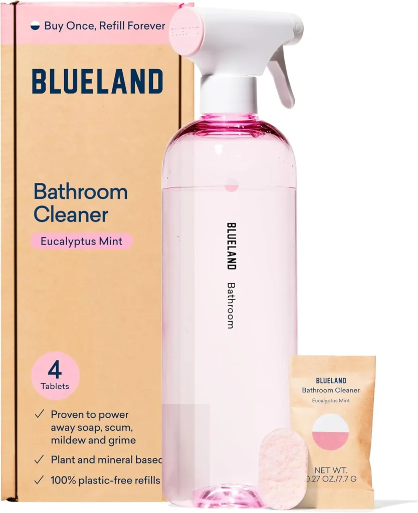 BLUELAND Bathroom Cleaner, Starter Set, Eucalyptus Mint Scent, Spray Bottle with 4 Refill Tablets, Eco-Friendly Cleaning Supplies, 4 x 24 Fl oz BLUELAND Bathroom Cleaner, Starter Set, Eucalyptus Mint Scent, Spray Bottle with 4 Refill Tablets, Eco-Friendly Cleaning Supplies, 4 x 24 Fl oz