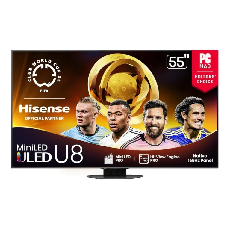 Hisense 55″ Class U8 Mini-LED ULED 4K UHD Google Smart TV (55U8QG, 2025 Model) – QLED, Native 165Hz, VRR 288, Up to LD5600, 5000 Nits, HDR10+, Dolby Vision IQ · Atmos, IMAX Enhanced, 4.1.2 Ch Audio