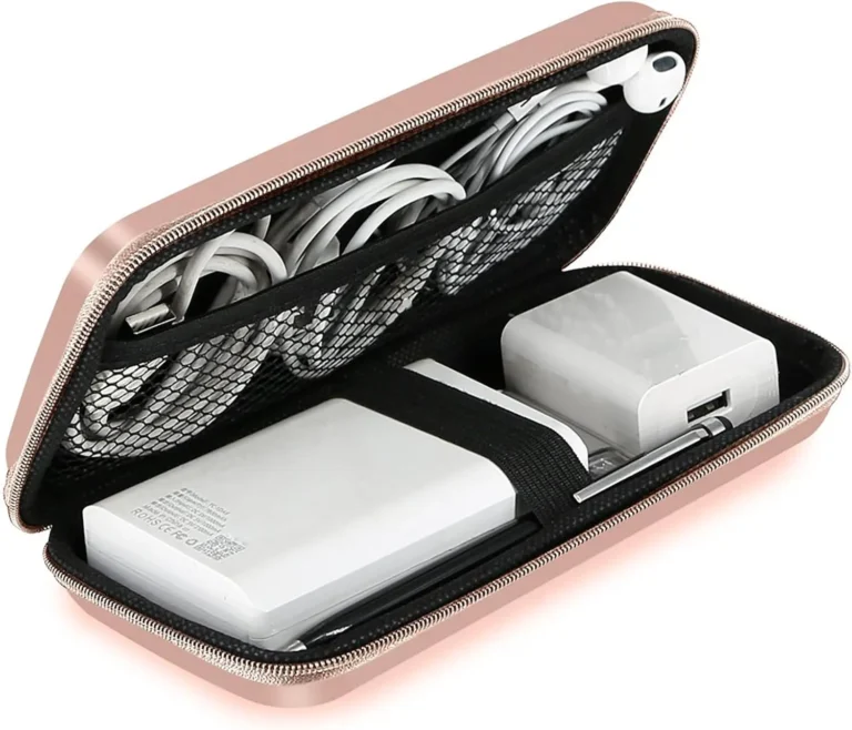 iMangoo Shockproof Travel Essentials Organizer Charger Case, Space-Optimized Small Zipper Electronics Accessories Pouch Tech Cord Cable Power Bank Storage for Women Men, 6.5×3.2×1 In (Rose Gold)