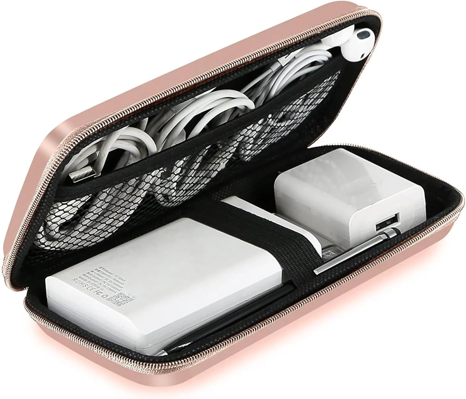 iMangoo Shockproof Travel Essentials Organizer Charger Case, Space-Optimized Small Zipper Electronics Accessories Pouch Tech Cord Cable Power Bank Storage for Women Men, 6.5×3.2×1 In (Rose Gold)