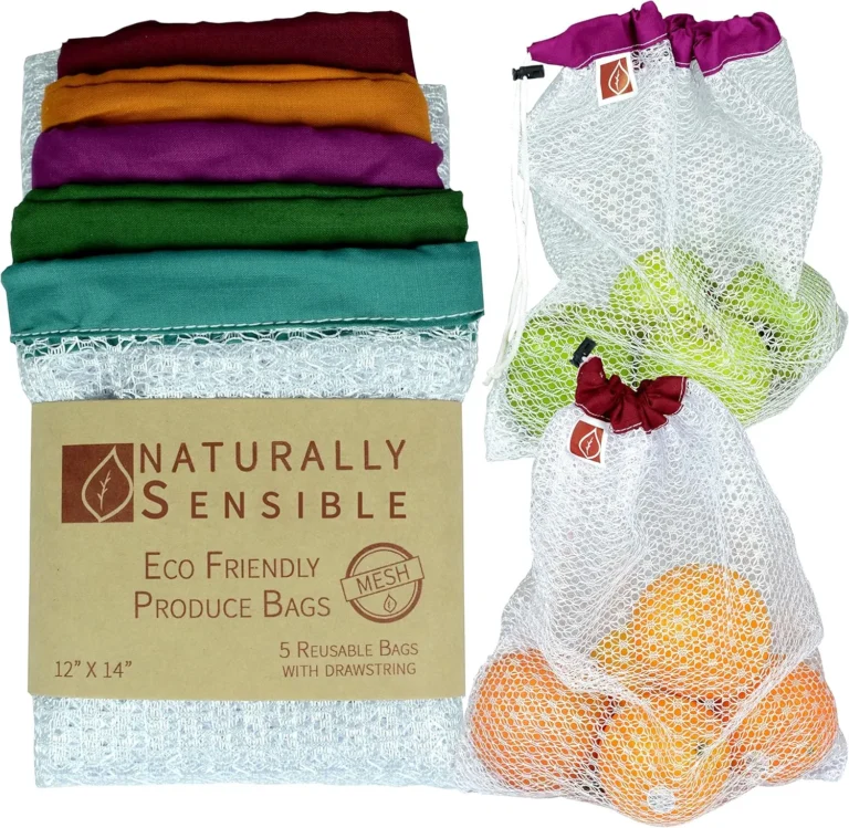 The Original Eco Friendly See Through Washable and Reusable Produce Bags – Soft Premium Lightweight Nylon Mesh Large – 12x14in – Set of 5 (Red, Yellow, Green, Blue, Purple)