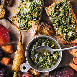 full color photograph of Root Vegetable and Sage Pesto Baked Salmon from pg 154