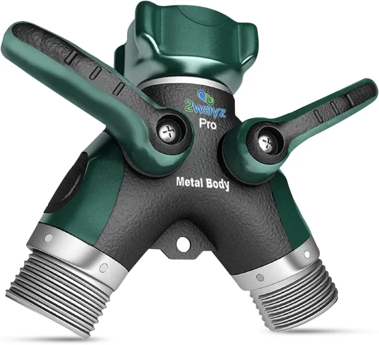 2WAYZ Hose Splitter 2 Way Heavy Duty Outdoor Faucet and Garden Connector – Water Spigot Splitter – Durable All-Metal Y Adapter with Shut-Off Valve – 4 x 4 x 1.5 Inches