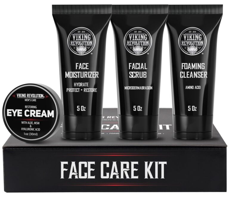 Viking Revolution Men’s Facial Skin Care Kit – Includes Rejuvenating Face Moisturizer, Microdermabrasion Facial Scrub, Foaming Cleanser (5oz Each) and Eye Cream (1oz)