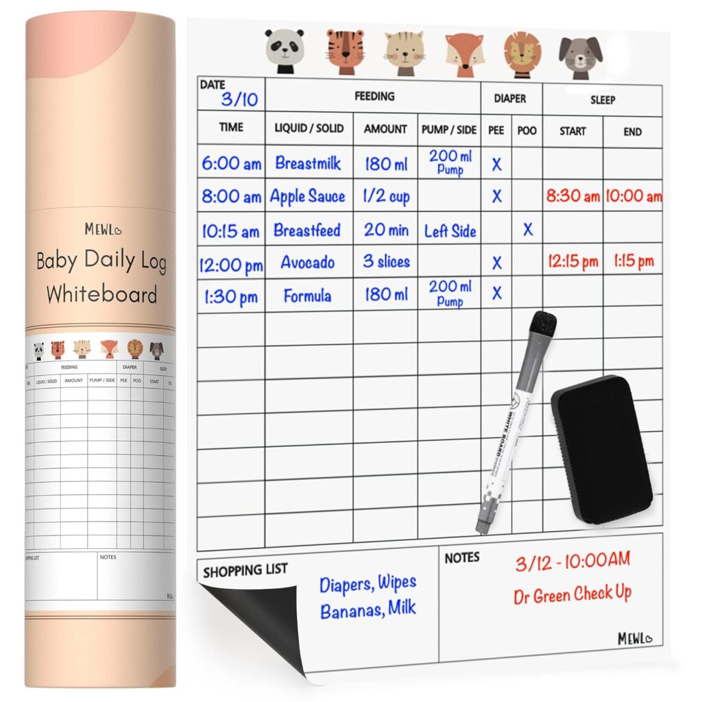Mewl Baby Daily Log Whiteboard – Reusable Baby Tracker to Log Feeding, Diapers & Sleep – Newborn Baby Journal & Schedule Chart for New Parents, Nanny, Babysitter – Pregnancy & New Mom Gift Mewl Baby Daily Log Whiteboard – Reusable Baby Tracker to Log Feeding, Diapers & Sleep – Newborn Baby Journal & Schedule Chart for New Parents, Nanny, Babysitter – Pregnancy & New Mom Gift