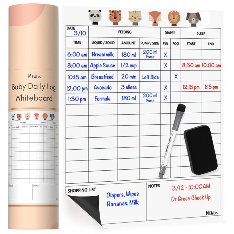 Mewl Baby Daily Log Whiteboard – Reusable Baby Tracker to Log Feeding, Diapers & Sleep – Newborn Baby Journal & Schedule Chart for New Parents, Nanny, Babysitter – Pregnancy & New Mom Gift