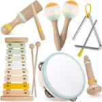 Baby Musical Instruments-Montessori Wooden Toys for Toddlers 1-3,Neutral Colors Percussion Instruments Set with Modern Boho Xylophone for Kids Preschool Educational 3+