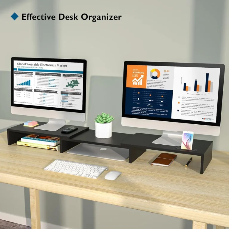 BONTEC Dual Monitor Stand for Desk, Adjustable Length and Angle Monitor Stand Riser with Smartphone Holder, Desk Shelf for Top of Desk, Computer Monitor Stand with Storage, Office Desk Organizer, White