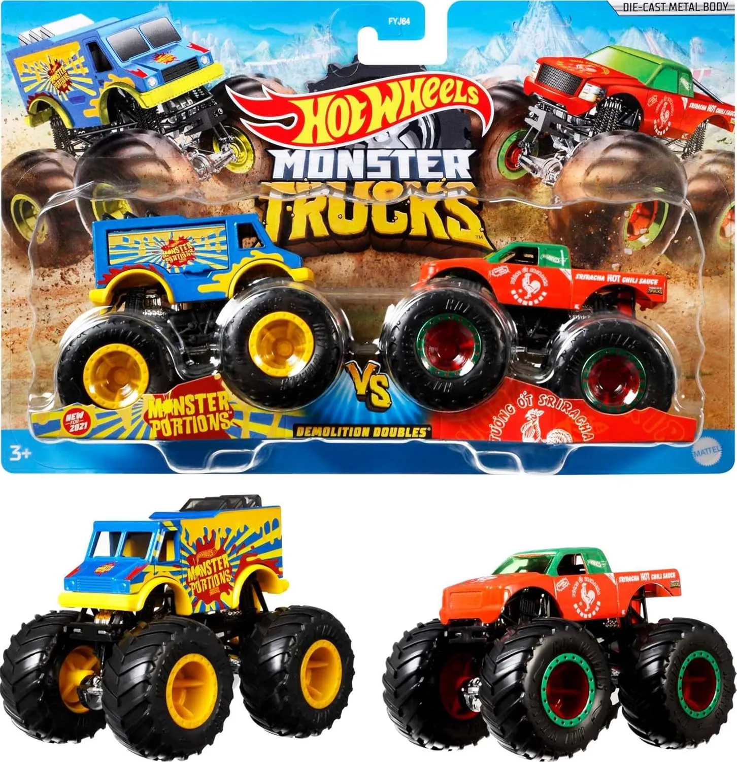 Hot Wheels Monster Trucks 2-Pack, Demolition Doubles Set of 2 Toy Vehicles in 1:64 Scale, for Kids & Collectors (Styles May Vary)