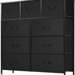 DUMOS Dresser for Bedroom, Storage Organizer with 9 Drawers, Chest of Drawers with Fabric Bins, Sturdy Metal Frame, Wood Tabletop for Guest Room, Closet, Entryway, Nursery