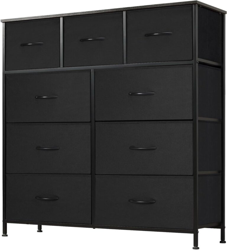 DUMOS Dresser for Bedroom, Storage Organizer with 9 Drawers, Chest of Drawers with Fabric Bins, Sturdy Metal Frame, Wood Tabletop for Guest Room, Closet, Entryway, Nursery