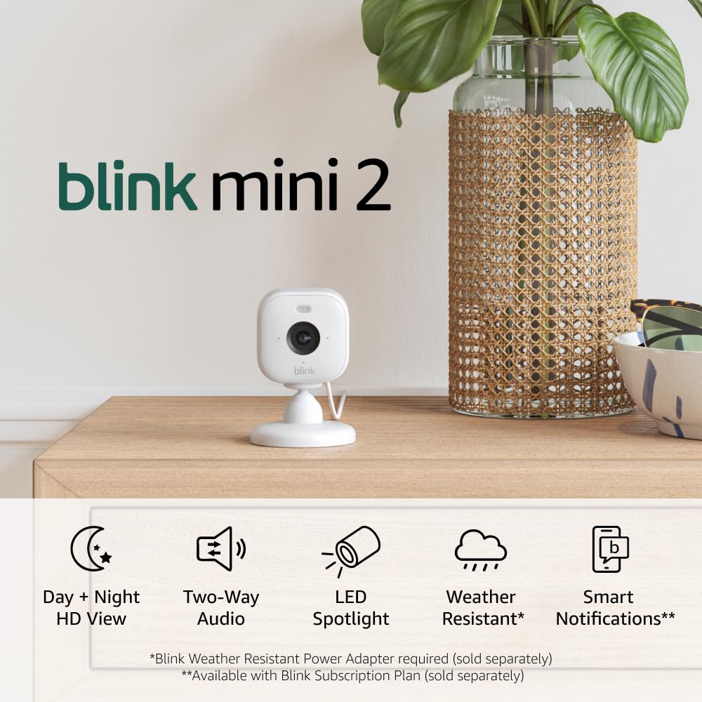 Blink Mini 2 — Home Security & Pet Camera with HD video, color night view, motion detection, two-way audio, and built-in spotlight — 1 camera (White)